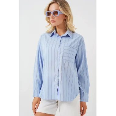 20143 Cepli Oversize Gömlek - Mavi