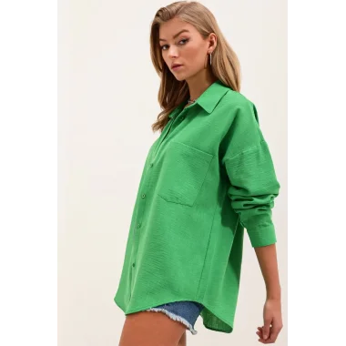 20153 Tek Cepli Oversize Gömlek - Yeşil
