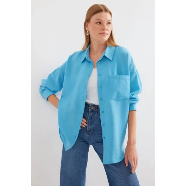 20153 Tek Cepli Oversize Keten Gömlek - Açık Mavi