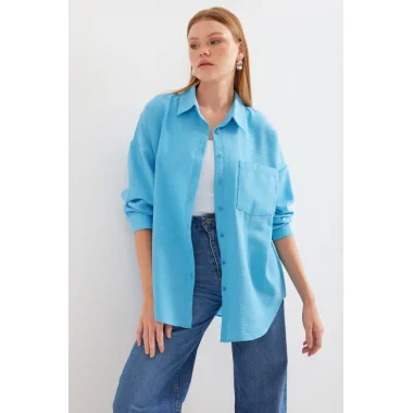 20153 Tek Cepli Oversize Keten Gömlek - Açık Mavi