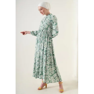 2144 Hakim Yaka Tesettür Elbise - Çağla