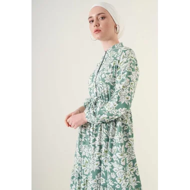 2144 Hakim Yaka Tesettür Elbise - Çağla