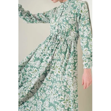 2144 Hakim Yaka Tesettür Elbise - Çağla