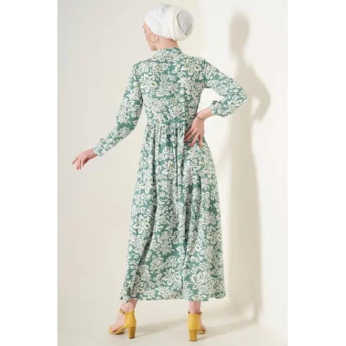 2144 Hakim Yaka Tesettür Elbise - Çağla