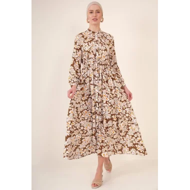 2144 Hakim Yaka Tesettür Elbise - Kahverengi