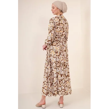 2144 Hakim Yaka Tesettür Elbise - Kahverengi