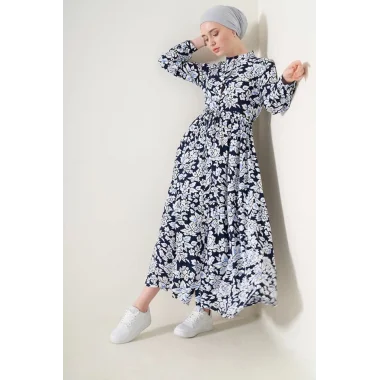 2144 Hakim Yaka Tesettür Elbise - Lacivert