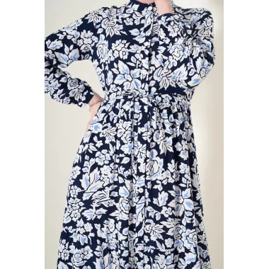 2144 Hakim Yaka Tesettür Elbise - Lacivert