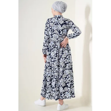 2144 Hakim Yaka Tesettür Elbise - Lacivert