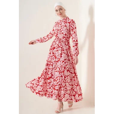 2144 Hakim Yaka Tesettür Elbise - Nar