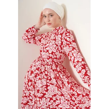 2144 Hakim Yaka Tesettür Elbise - Nar