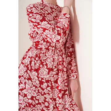 2144 Hakim Yaka Tesettür Elbise - Nar