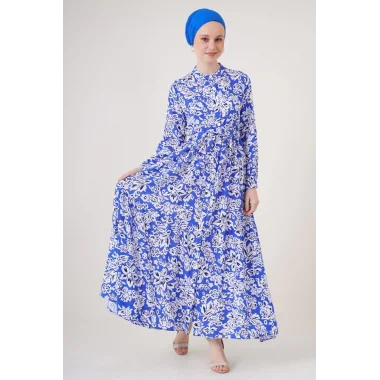 2144 Hakim Yaka Tesettür Elbise - Saks