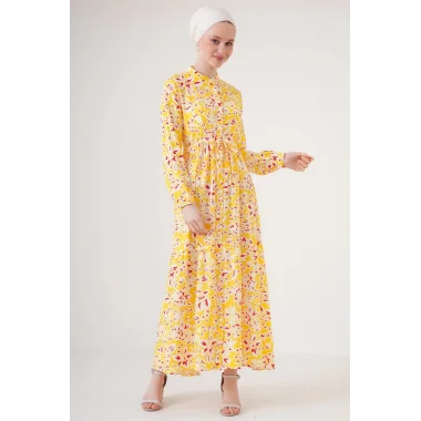 2144 Hakim Yaka Tesettür Elbise - Sarı