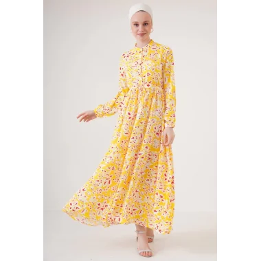 2144 Hakim Yaka Tesettür Elbise - Sarı