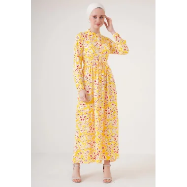 2144 Hakim Yaka Tesettür Elbise - Sarı