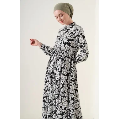 2144 Hakim Yaka Tesettür Elbise - Siyah