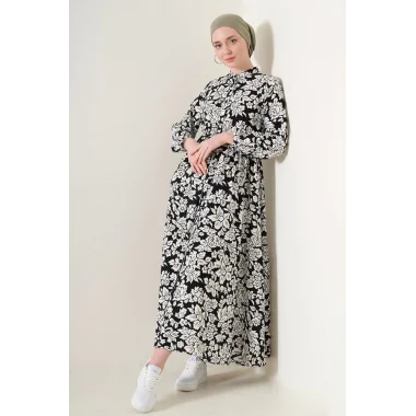 2144 Hakim Yaka Tesettür Elbise - Siyah