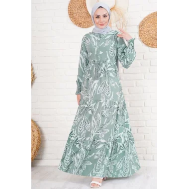 2145 Desenli Tesettür Elbise - Haki