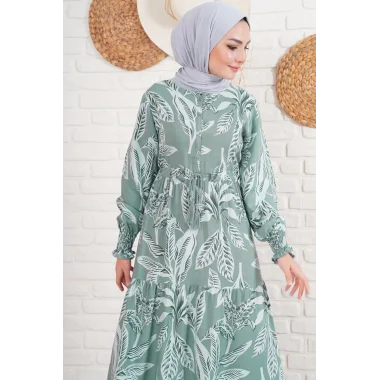 2145 Desenli Tesettür Elbise - Haki