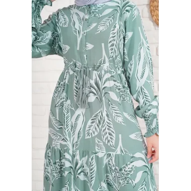 2145 Desenli Tesettür Elbise - Haki