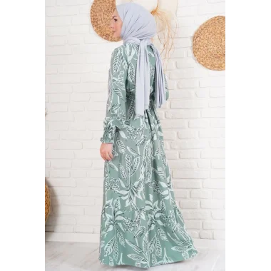 2145 Desenli Tesettür Elbise - Haki