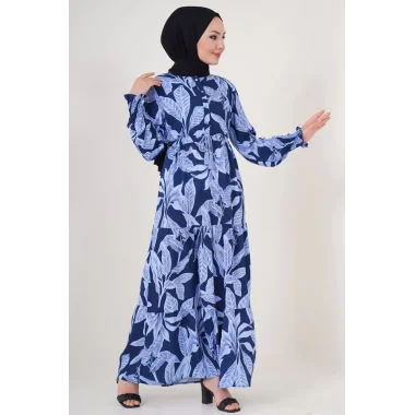 2145 Desenli Tesettür Elbise - Lacivert