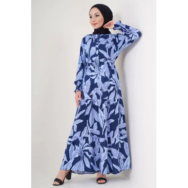 2145 Desenli Tesettür Elbise - Lacivert