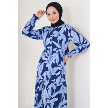 2145 Desenli Tesettür Elbise - Lacivert