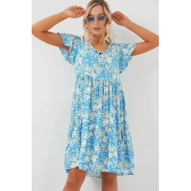 2352 V Yaka Kısa Elbise - Açık Mavi