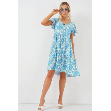 2352 V Yaka Kısa Elbise - Açık Mavi