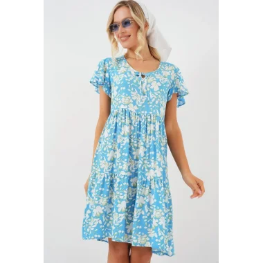 2352 V Yaka Kısa Elbise - Açık Mavi