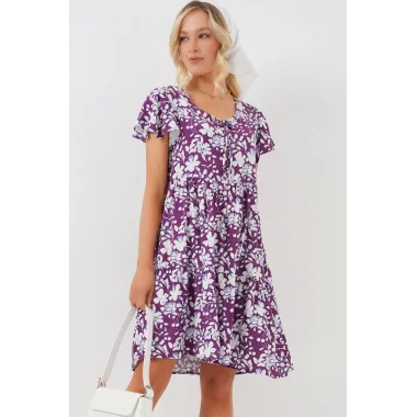 2352 V Yaka Kısa Elbise - Mor