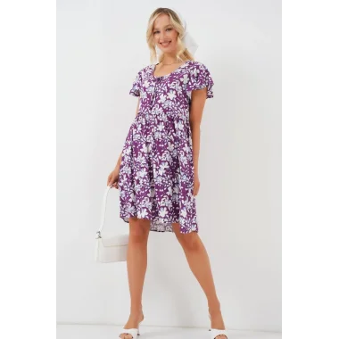 2352 V Yaka Kısa Elbise - Mor