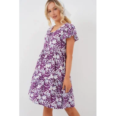 2352 V Yaka Kısa Elbise - Mor