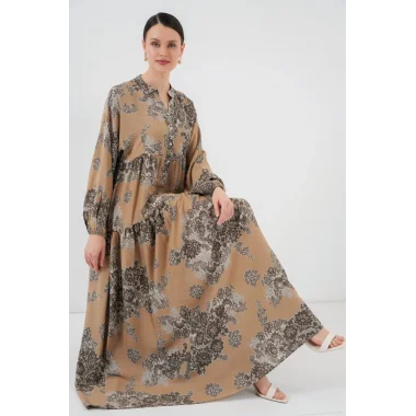 2423 Otantik Desenli Tesettür Elbise - A. Vizon