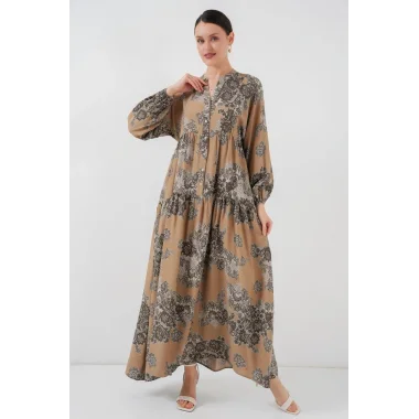 2423 Otantik Desenli Tesettür Elbise - A. Vizon