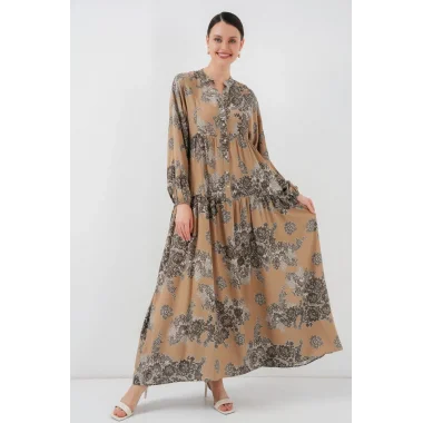 2423 Otantik Desenli Tesettür Elbise - A. Vizon