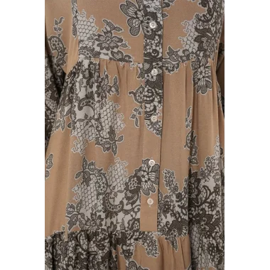 2423 Otantik Desenli Tesettür Elbise - A. Vizon