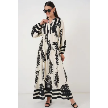 2423 Otantik Desenli Tesettür Elbise - A.Beyaz