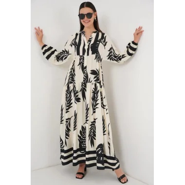 2423 Otantik Desenli Tesettür Elbise - A.Beyaz