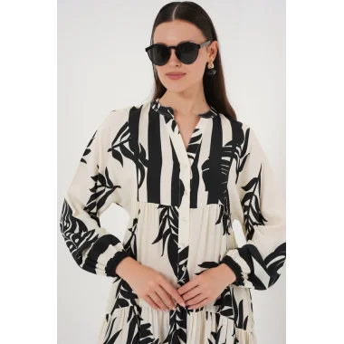 2423 Otantik Desenli Tesettür Elbise - A.Beyaz