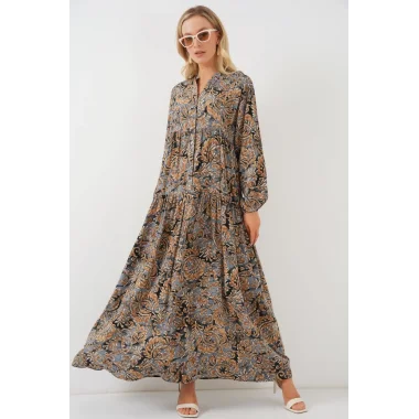 2423 Otantik Desenli Tesettür Elbise - A.Gri