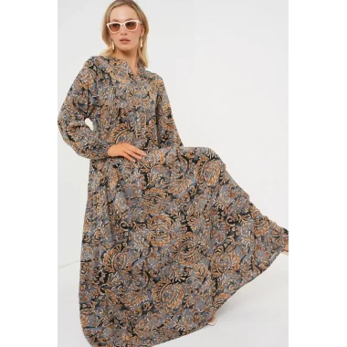 2423 Otantik Desenli Tesettür Elbise - A.Gri