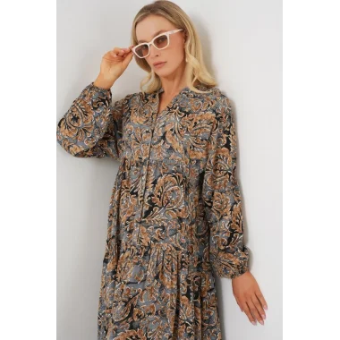 2423 Otantik Desenli Tesettür Elbise - A.Gri