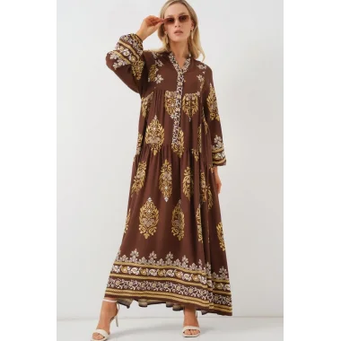 2423 Otantik Desenli Tesettür Elbise - Beyaz - Kahve