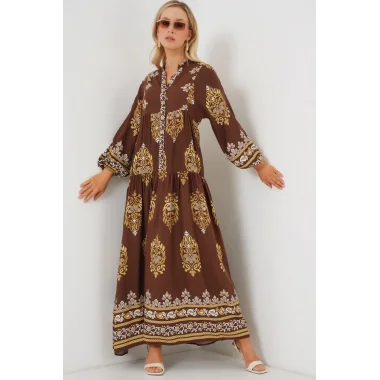 2423 Otantik Desenli Tesettür Elbise - Beyaz - Kahve