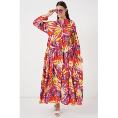 2423 Otantik Desenli Tesettür Elbise - B.Lila