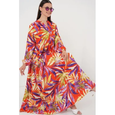 2423 Otantik Desenli Tesettür Elbise - B.Lila