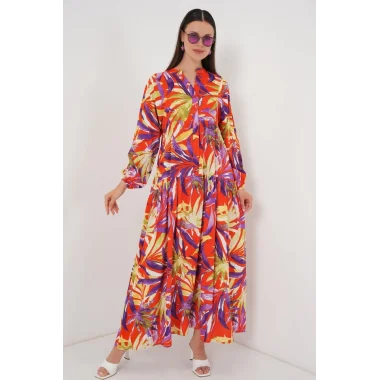 2423 Otantik Desenli Tesettür Elbise - B.Lila